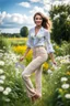 Placeholder: country side ,wild flowers, blosom pretty sky and cloudes a beautiful young lady wearing pants and blouse dancing gracefully in garden look at camera