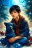 Placeholder: digital drawing sitting teenage boy with black short hair, wearing a blue scarf, glistening, no signature, Christmas, surrounded by holly berries, glitter, medium size snowflakes, beautifully rendered, festive, hyper realistic, crystal, shiny, bright, cinematic setting, with black puppy, christmas art masterpiece, holly berries, pine needles, pinecones, extremely cute, watercolor painting Insane