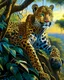 Placeholder: Leopardo en la Selva cuerpo completo árboles detallados elegante obra de arte colores contrastantes pintura al óleo detallada hiperdetallada impactante intrincada sombra realista iluminación cinematografica 8k cielo soleado nubes coherente cuerpo completo