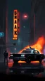 Placeholder: A noir bank heist, background scene from Los Angeles, concept art, ultra realistic, 8 k, painting, highly detailed, sci -fi, neon, rain, guns, firearms, robbery, a police car burning
