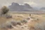 Placeholder: cloudy grey day, arid rocky land, few distant cliffs, philosophic and trascendent influence, unforgettable landscape, dry weeds, videgame landscapes influence, epic, one person, distant mountains, wilfrid de glehn and jenny montigny impressionism paintings