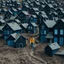 Placeholder: Fotografia di strada blu gioioso weirdcore dai colori vivaci. Max Ernst. Le case sono dipinte di nero chiaro con g stilizzate e dettagli. Ci sono, che danno un senso distopico e molto surreale, disposte in modo casuale. L'atmosfera generale sembra noiosa e onirica, con un contrasto tra elementi reali ed elementi dipinti. Persona finta cammina. Tutto è sotterrato da decine di metri di fango che non lascia vedere nulla