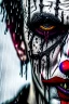 Placeholder: ultra detailed and highly realistic image of a gothic, scary clown, close up of him standing in the rain, the rain messed up his face makeup as it smudged of his face, chaotic, dramatic upclose view, 32k, splatter paint style