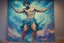 Placeholder: Armand Guillaumin oil tufting tapestry painting, young gym bioluminescent Zeus with translucent body-paint tight-fitting suit makes powerful thunder, Otherworldly, religious full body photo