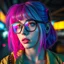 Placeholder: a pretty cyberpunk girl, bright coloured hair, dreaming of escape, young, futuristic, dystopia, tinted glasses