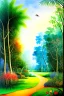 Placeholder: watercolor painting, colorful tropical landscape garden scene in the style of Henri Rousseau's artwork, “The Equatorial Jungle”