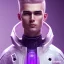 Placeholder: man, cute face, white highlight hair, brown eye, white, skin, purple suits, futuristic, science, purple, blue, dark pink background lighting, technology, profile, asian boy, square face