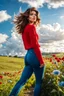 Placeholder: beautiful girl in nice red top and blue pants with curvy hair,perfect face,country side ,wild flowers,blue sky nice clouds,