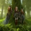 Placeholder: 3d render, Painting .three women. A mother. Two daughter. Twins. A mother with her children the faces of three young red freckled women. wood nymphs emerging from the forest. Her hair looks like vines. Dreadlocs. Her skin is the colour of dark soil. Her skin looks like tree bark. Her clothing is made of vines, grass and leaves.