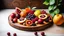 Placeholder: Delicious fruit on round wood chopping board, mango pomegranate raspberries papaya oranges passion fruits berries on off white concrete background, selective focus