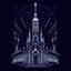 Placeholder: Santiago de compostela cathedral. Art Deco, Mood: Mysterious and Glamorous, Lighting: Deep blue with neon highlights, T-shirt design graphic, vector, contour, white background.