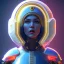 Placeholder: woman, american, blue, heavily made up face, round helmet, decorative color feathers, retro futuristic, latex coat, soft color, highly detailed, art stations, concept art, smooth, unreal engine 5, god rays, ray tracing, RTX, lumen lighting, ultra detail, volumetric lighting, 3d, finely drawn, high definition, high resolution.