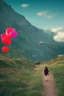 Placeholder: A beautiful girl walking along a mountain path, walking against the wind with balloons in her hand. nature, HD photography, Galen Rowell, David Muench, perfect composition, gloss, hyperrealism