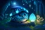 Placeholder: cute chibi bioluminescent sleeping owl in sleeping cap in a forest at night in starshine, lightning moonflowers