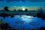 Placeholder: Dark blue sky with one exoplanet in the horizon, rocks, puddle, weeds, sci-fi movies influence, epic, ernest welvaert, and charles leickert impressionism paintings