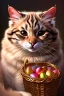 Placeholder: am easter cat holding a basket of jewels and gems. His fur is realistic. The background is a romantic carpet bokeh digital painting extremely detailed studio lighting crisp quality and light reflections 8k cinematic lighting portrait photorealistic ultra detailed cinematic postprocessing focused