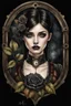 Placeholder: hyper photorealistic watercolor art style of a steampunk gothic style young woman with pale skin, big dark eyes, tiny nose, tiny mouth and messy dark hair , deep, dark colors, holding a black rose. She is gothic dressed, her expression is melancholic, surreal with mysterious elements. smooth blending, extremely detailed, realistic textures, cinematic, dramatic lighting