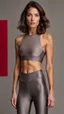 Placeholder: photography of a beautiful anorexic woman, grey satin triathlon top, sports illustrated, brunette short wavy bob haircut, pronounced sternum, flat chest, anthracite short leggins