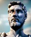 Placeholder: Ultra Realistic image, roman sculpture, white marble material, Lionel Messi, Caesar emperor Laurel crown, miguel angel style, chisel style, emperador, waist up portrait, epic, celestial, cinematic lighting, God light, god rays, 4k resolution, smooth details, ornate details, soft lighting, unreal engine 5, sky and clouds background.