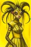 Placeholder: Artist Jean-Baptiste Monge style. A humanoid biomorph Zebra-Spider faced woman. Yellow eyes. A yellow striped ress, covered with spider legs.