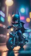 Placeholder: A Sharp Kawaii tiny hyper realistic baby batman riding mini harley davidson, wearing bikers clothes with freestyle action, night of cyberpunk city background. wide angle full body, 8k, Cinematography, photorealistic,epic composition Unreal Engine,Cinematic, Color Grading, Portrait Photography,Ultra-Wide Angle, Depth of Field, hyper detailed