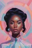 Placeholder: portrait of Justine Skye, environment map, abstract 1998 air hostess poster, portrait of straight black hair, no makeup, intricate stunning highly detailed, op art, pretty pastel colors, hypnotic, art by Victor Moscoso and Bridget Riley by sachin teng x supreme, dark skin, full lips, light pink, baby blue, pale pink, lavender, round face