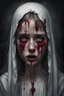 Placeholder: A horror digital realism portrait of a saint blind girl with gloomy eyes and bleeding her soul out pain pain pain lost and broken heart mind over matter