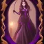 Placeholder: alluring witch of darkness in purple dress with very long brown hair