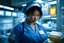 Placeholder: (in the style of Orion, by Masamune Shirow) A documentary-style candid photograph captures an emergency room nurse, weary-eyed but intensely focused, taking ten seconds to prepare a medication dose amid chaos. She is illuminated by the harsh, flickering overhead fluorescent lights of a bustling city hospital ER at night. She wears indigo blue scrubs, a mask pulled down to her chin, her hair tied back messily. She stands before a stainless steel medical cart, her hand holding a syringe, carefully
