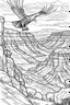 Placeholder: An eagle glides effortlessly over the immense, rugged grandeur of the Grand Canyon. The canyon's colossal depths and layered rock formations create a breathtaking backdrop for the eagle's flight, symbolizing the immense power of nature and the bird's absolute freedom..coloring book page, simple and clean line art, adult drawing book, black and white, crisp black lines, no shades, sharp lines, coloring book for adults, cartoon style, landscape