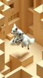 Placeholder: full figure white fox as a furry kangaroo jump robot in high walled isometric labyrinth