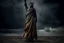 Placeholder: the statue of liberty, dress dirty and torn, her face solemn and terse, trash littered at her feet, she holds a crumpled american flag, she walks away with back turned under a dark and dreary sky, wide angle