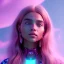 Placeholder: A portrait of a crystalised girl,smiling, longs hairs, atmospheric, realistic,, cinematic lighting, octane render,, pink turquoise light, diadème