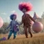 Placeholder: Ultra realistic circus scene. Sweet hair monster and Child’s playing, smile, happy, color bubbles, smooth color, waist up view, Wes Anderson style, dark ambient, highly detailed, concept art, unreal engine 5, god rays, ray tracing, RTX, lumen lighting, ultra detail, volumetric lighting, 3d, finely drawn, high definition, high resolution.