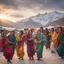 Placeholder: Pakistani Pukhtoon Women smiling & dancing at cloudy-sunset & snowy mountains with a typical crowded village market