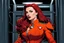 Placeholder: Scarlett Witch captured after the events of Disney+ Wandavision, wearing an orange prison uniform, arms bound, wearing a power damping collar, keep in a padded cell, alternative ending, five year later time skip, hair is longer and messy, driven insane and emotionality unstable due to her obsession to find her kids, comic book art style