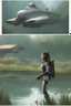 Placeholder: [scifi] A woman in jetpack around a pond