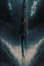 Placeholder: Human corpses, a long, strong and large rope hanging from the terrifying sky, inspired by science fiction, the scene is drama and cinema scenarios, the epic of the sky, dark colors, sad and depressing ،