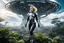 Placeholder: Wide-angle photo of a slim sci-fi woman with blond hair, wearing a silver and black futuristic android-like spacesuit, standing on an alien cloud tree jungle planet