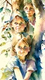 Placeholder: Watercolor color painings of three 10 year old children in a backyard under a tree. perfect face