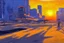 Placeholder: Sunset, Cyberpunk buildings, sand, sci-fi, tendency to impressionism influence, realistic painting