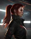 Placeholder: elite dangerous, girl, dark red hair, hair in a ponytail, black jacket, realistic, photorealistic, dynamic lighting, sharp focus, shadowplay