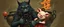 Placeholder: bad hairy chest wolf carrying a lovely scared wtf are you up to, chinese pig girl with dress under his arms, big cauldron in the background in the style of escher