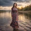 Placeholder: Hyper Realistic Young-Happy-Pashto Woman wearing checkered-patterned dress on riverside at cloudy sunset with dramatic ambiance