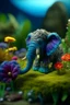 Placeholder: cute fluffy camo toy elephant jewelry in the room holding weird flowers in his trunk in the style of pixar, on a strange planet with weird colors and waterfalls, bokeh like f/0.8, tilt-shift lens 8k, high detail, smooth render, down-light, unreal engine, prize winning