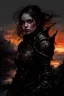 Placeholder: A formidable warrior girl in black armor, on the background Amazing gloomy landscape, flooded with sunset, mountains, trees, fabulous scary hero, , juicy emotions, painting, dark fantasy, gloomy day, dark world, portrait, Gothic Town At Night, Fantasy, Intricate Details, Castle Courtyard Gardens, Hyper Detailed, Jean Baptiste Monge, Carne Griffiths, Michael Garmash, Seb Mckinnon, Masterpiece