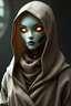 Placeholder: female warforged, porcelain, gold joints, mechanical, wearing a hooded robe, with glowing eyes