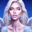 Placeholder: portrait of a beautiful somalian woman with an angel face smiling,long blond hair, blue eyes, pink and blue dress, jewels, soft light aura