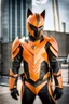 Placeholder: Catman in futuristic orange armor, photograph