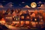 Placeholder: A cozy little town at dusk with a bright, full moon in the sky. Various houses are adorned with Halloween decorations such as lights, (for kids)